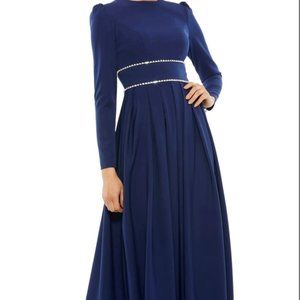 MAC DUGGAL EMPIRE WAIST LONG SLEEVE PLEATED NAVY GOWN sz 10